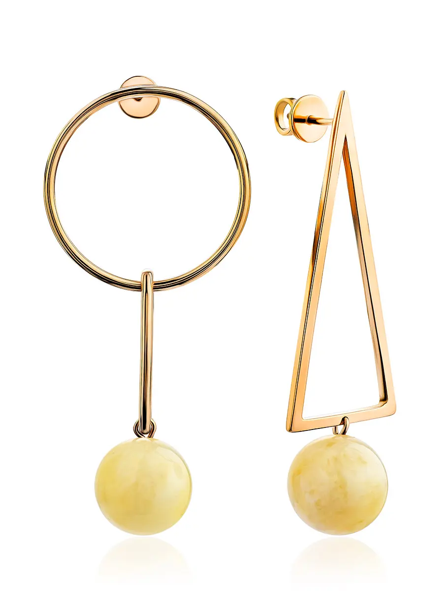картинка Эффектные асимметричные серьги из позолоченного серебра и медового янтаря «Лютеция» в онлайн магазине
