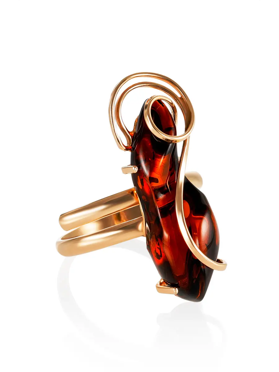 картинка Позолоченное кольцо «Риальто» с тёмно-коньячным янтарём в онлайн магазине