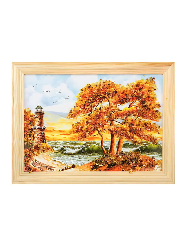 картинка Картина, украшенная натуральным балтийским янтарём тёплых цветов «Морской ветер» 17 (В) х 24 (Ш) в онлайн магазине