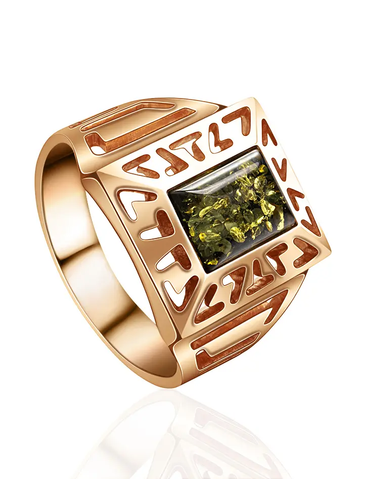 картинка Перстень из золота и натурального янтаря зелёного цвета «Итака» в онлайн магазине
