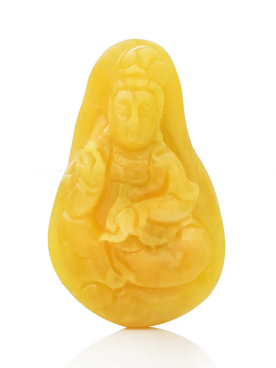 картинка Сувенирная резная статуэтка из натурального цельного янтаря «Просветленная Гуаньинь» в онлайн магазине