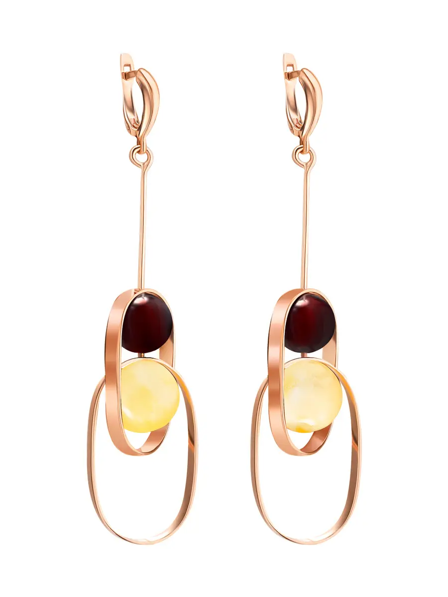 картинка Яркие оригинальные серьги с янтарём двух цветов «Помпиду» в онлайн магазине