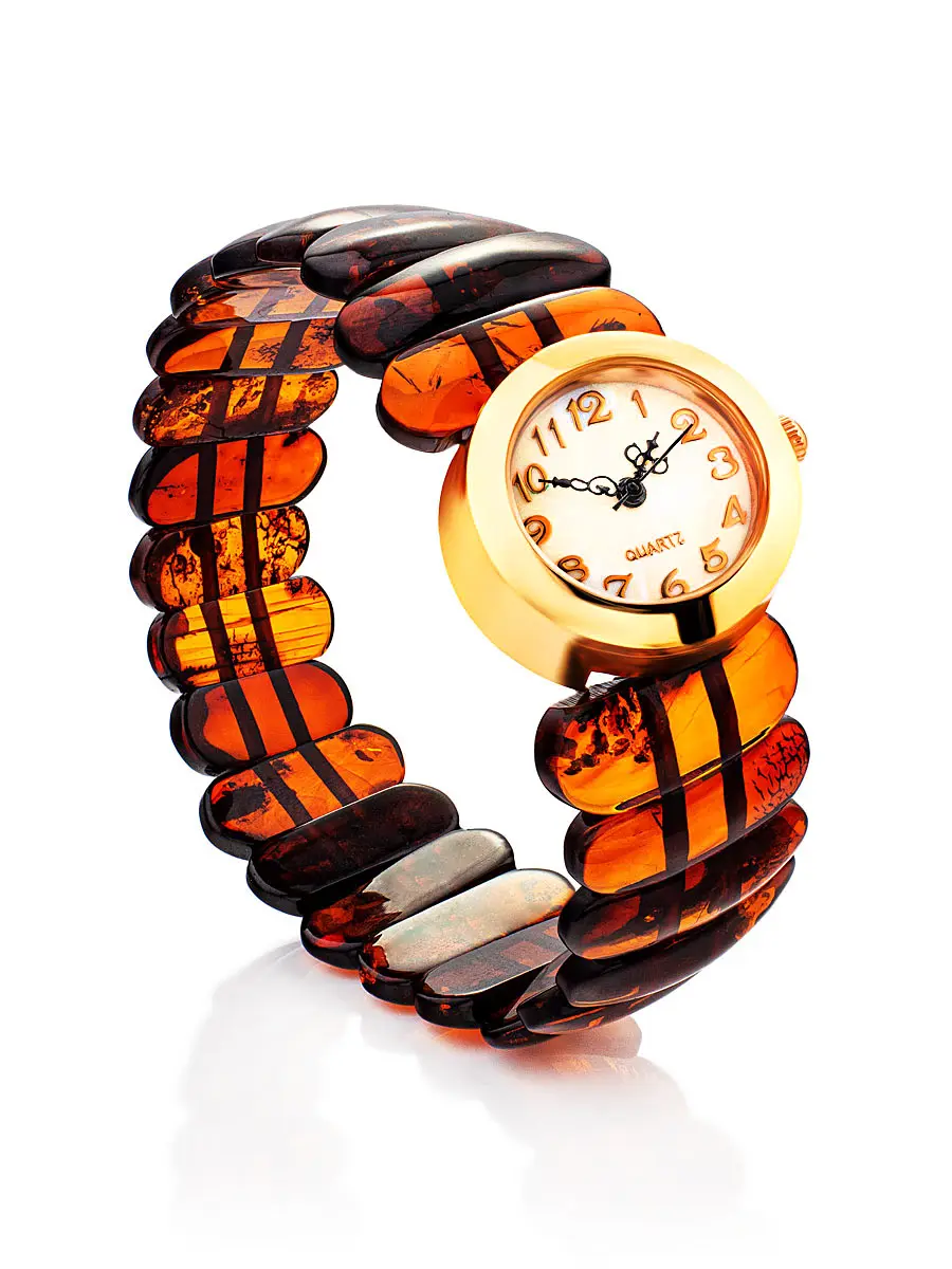картинка Яркие наручные часы с браслетом из натурального коньячного янтаря в онлайн магазине