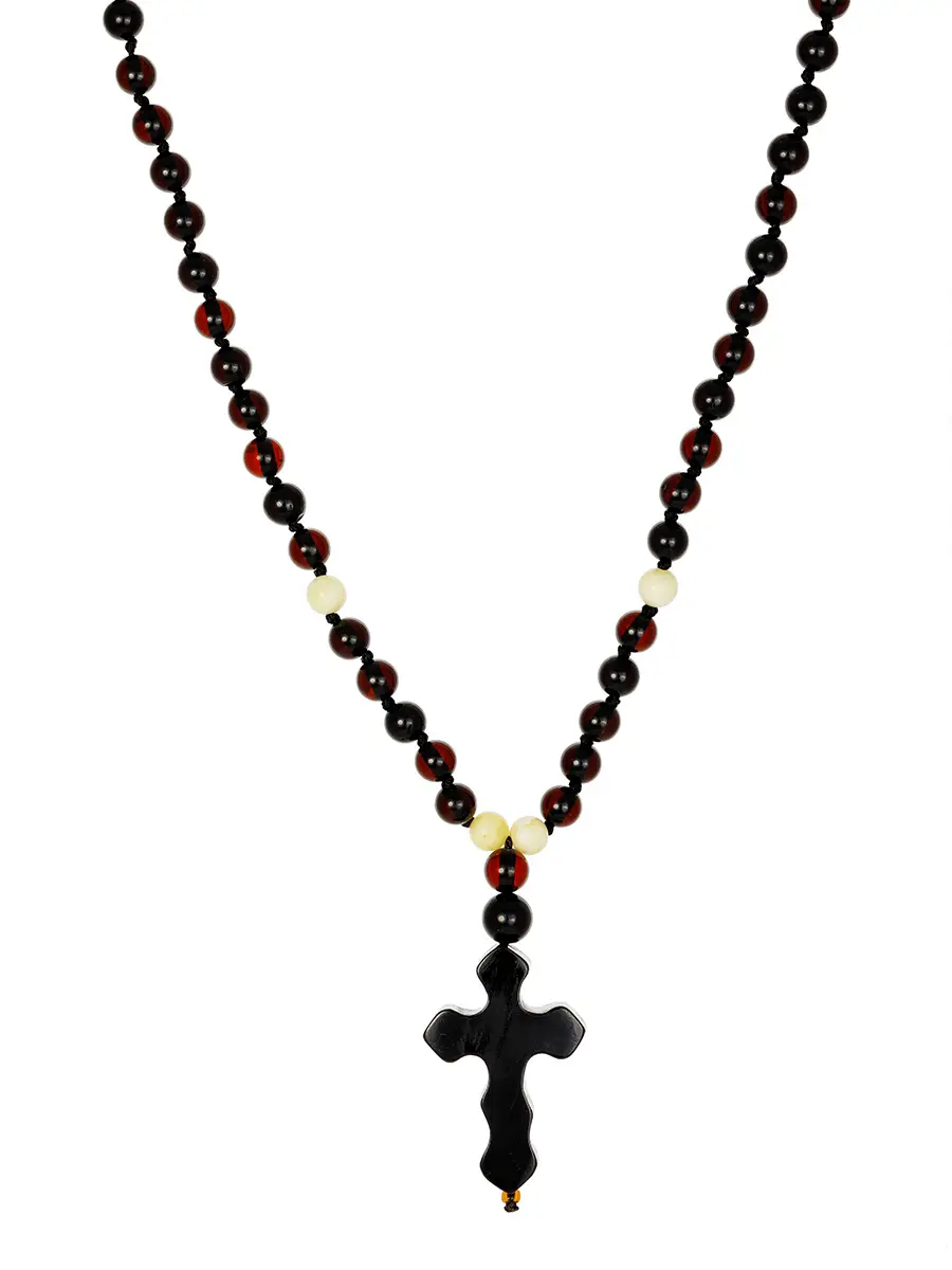 картинка Бусы с цельным резным крестом из натурального янтаря в онлайн магазине