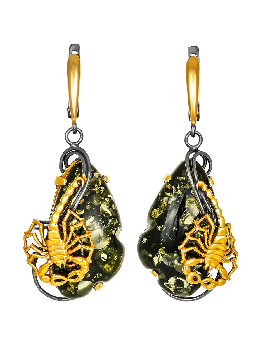 картинка Эффектные серьги из янтаря зелёного цвета «Скорпион»  в онлайн магазине