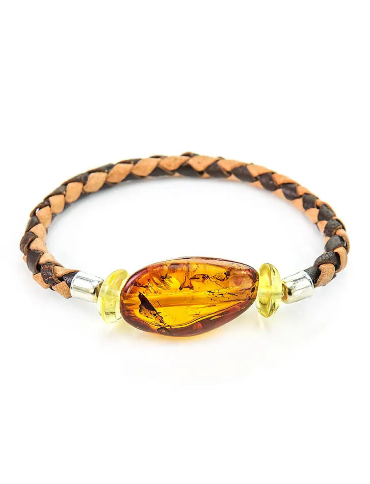 картинка Пёстрый плетёный браслет из кожи с натуральным янтарём в онлайн магазине