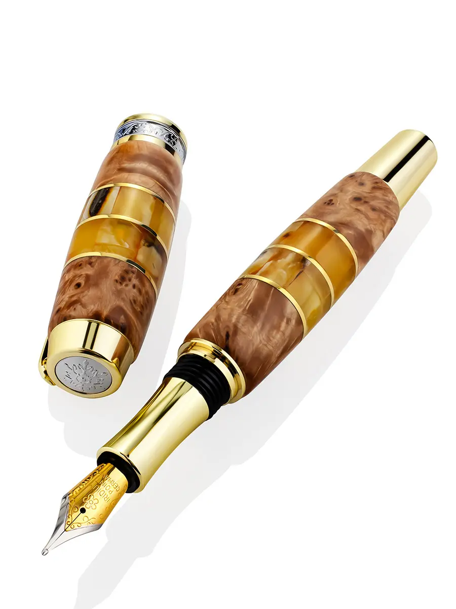 картинка Перьевая ручка из карельской берёзы и натурального янтаря «Индонезия» в онлайн магазине