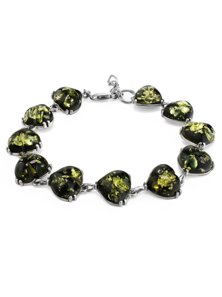 картинка Яркий браслет «Византия» из серебра и натурального янтаря зелёного цвета в онлайн магазине