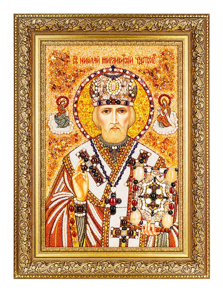 картинка Большая икона «Святой Николай Чудотворец» из янтаря и самоцветов в онлайн магазине