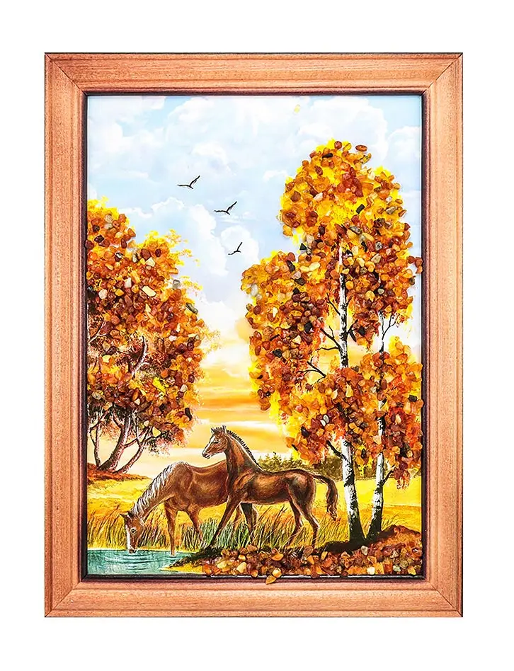 картинка Вертикальная картина с натуральным балтийским янтарём «Лошади на водопое» 24 см (В) х 17 см (Ш) в онлайн магазине