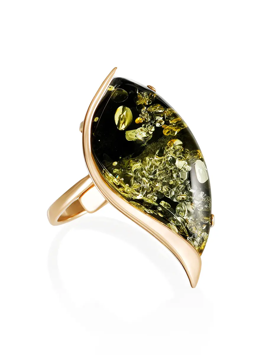 картинка Стильное кольцо из золота и натурального зелёного янтаря «Палладио» в онлайн магазине