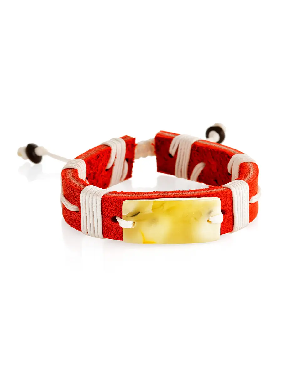 картинка Яркий браслет из красной кожи и натурального цельного янтаря «Копакабана» в онлайн магазине