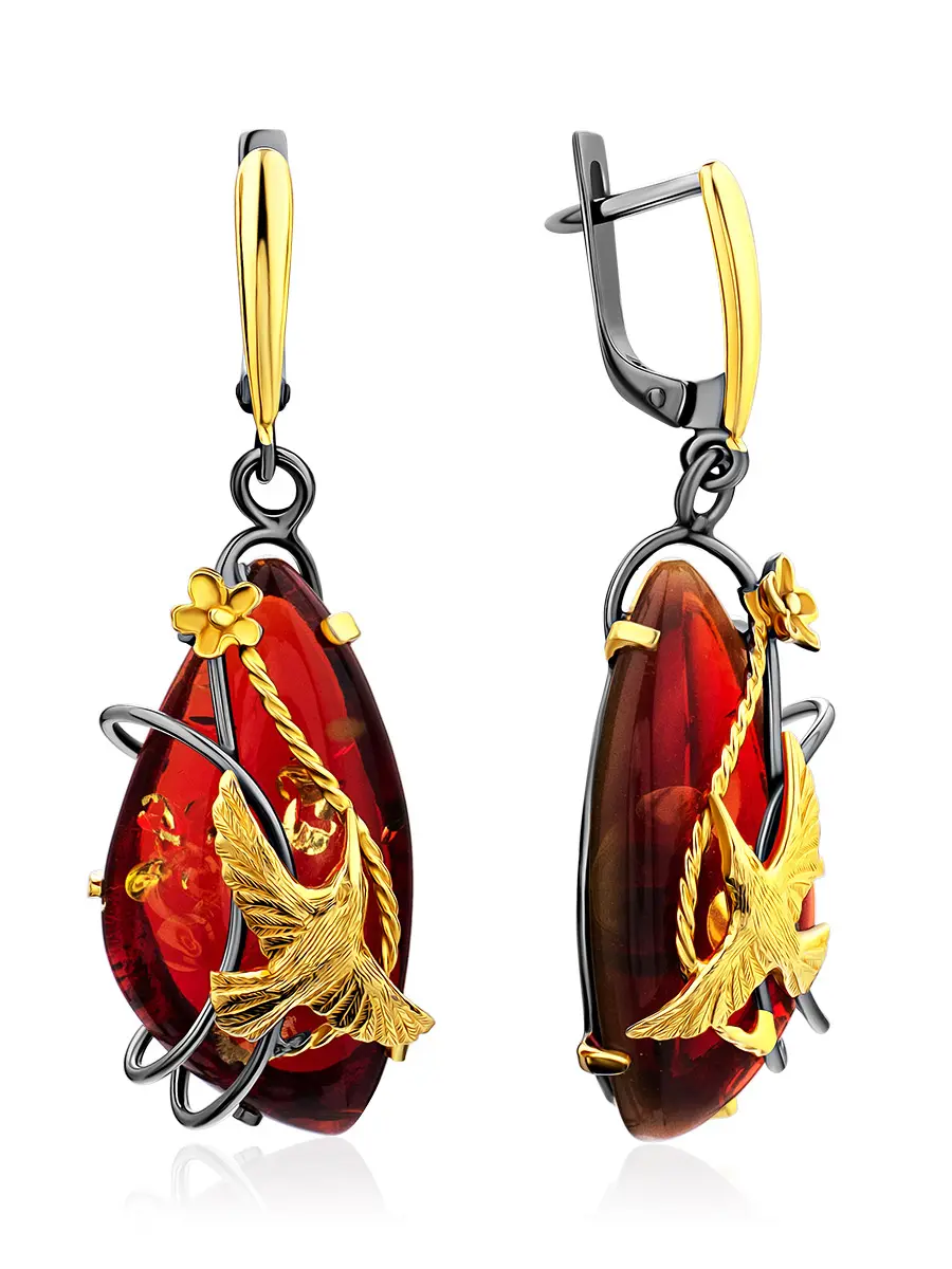 картинка Нарядные серьги «Колибри» из красного янтаря в онлайн магазине