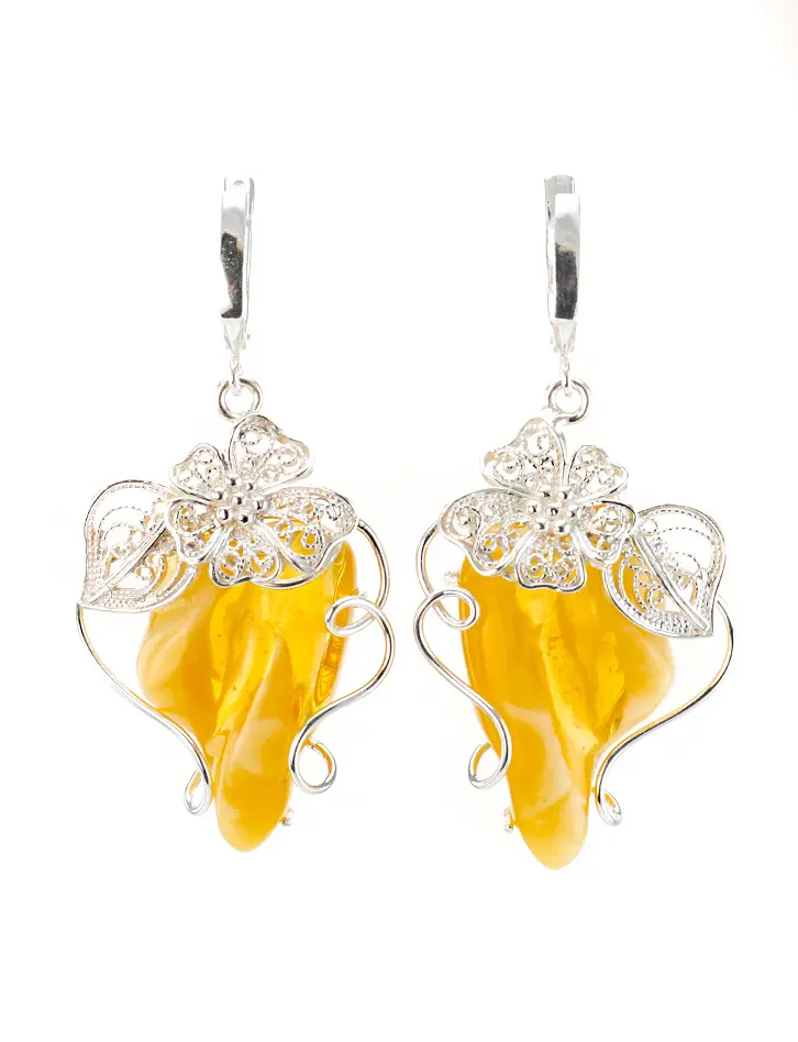 картинка Крупные серьги из серебра со вставками из натурального лимонно-медового янтаря «Филигрань» в онлайн магазине