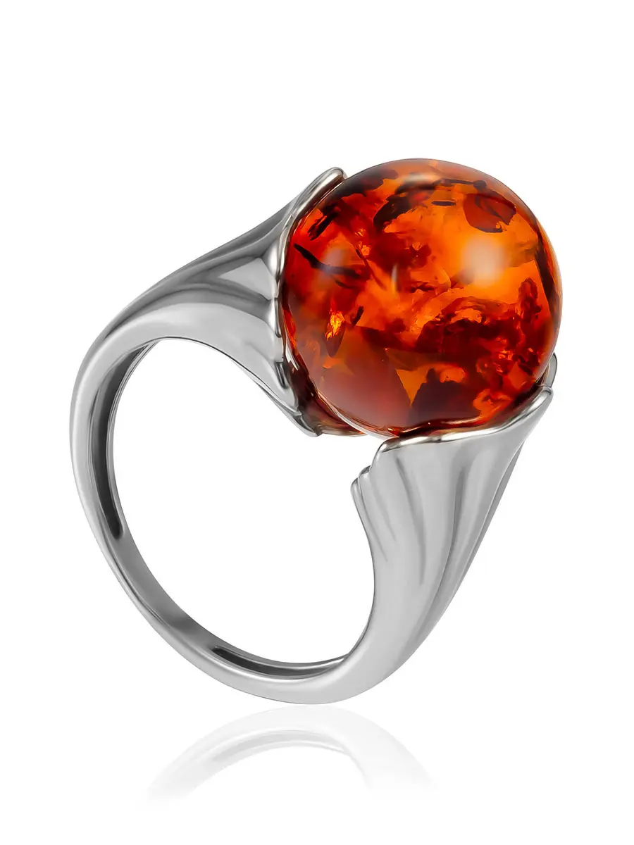 картинка Эффектное кольцо с натуральным коньячным янтарём «Глоксиния» в онлайн магазине