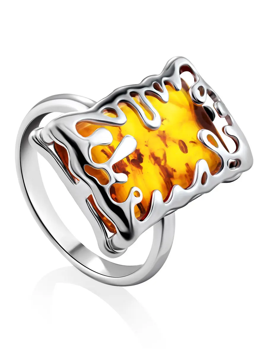 картинка Оригинальное серебряное кольцо с золотистым янтарём «Фрида» в онлайн магазине