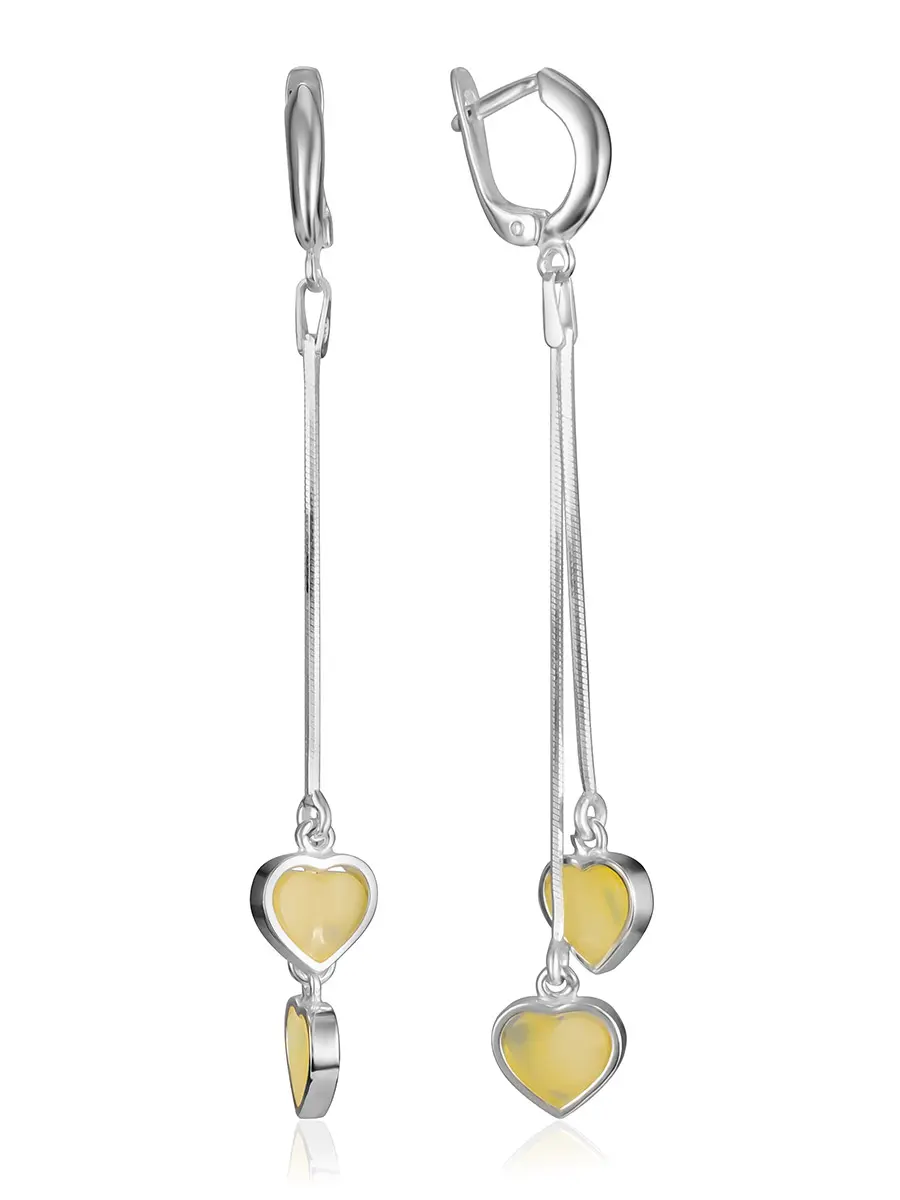 картинка Нежные удлинённые серьги-цепочки с подвесками из натурального янтаря «Сердце» в онлайн магазине