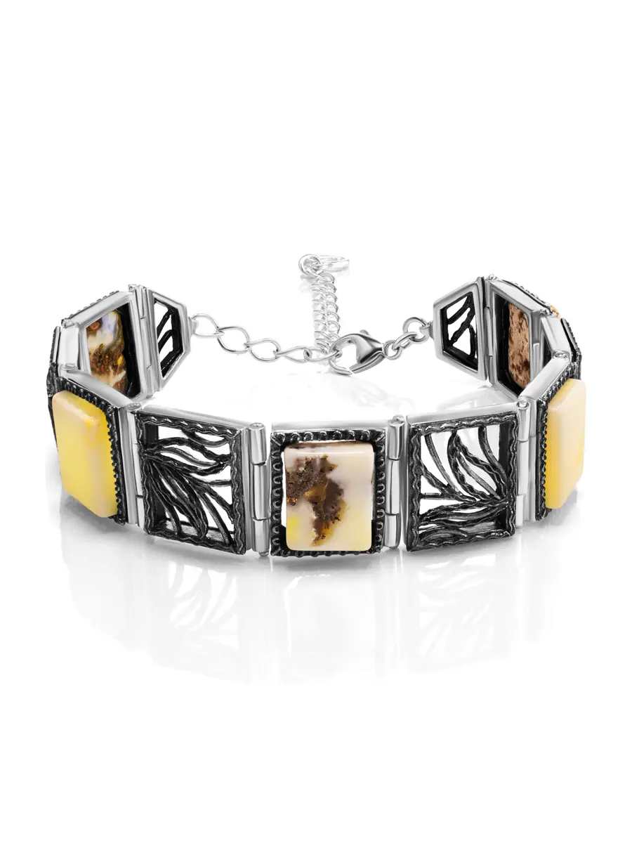 картинка Серебряный браслет «Модерн» с натуральным текстурным янтарём в онлайн магазине