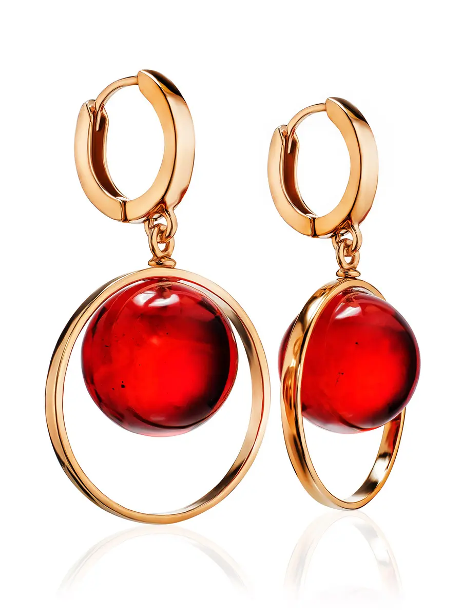 картинка Эффектные серьги «Юпитер» с янтарём ярко-красного цвета в онлайн магазине