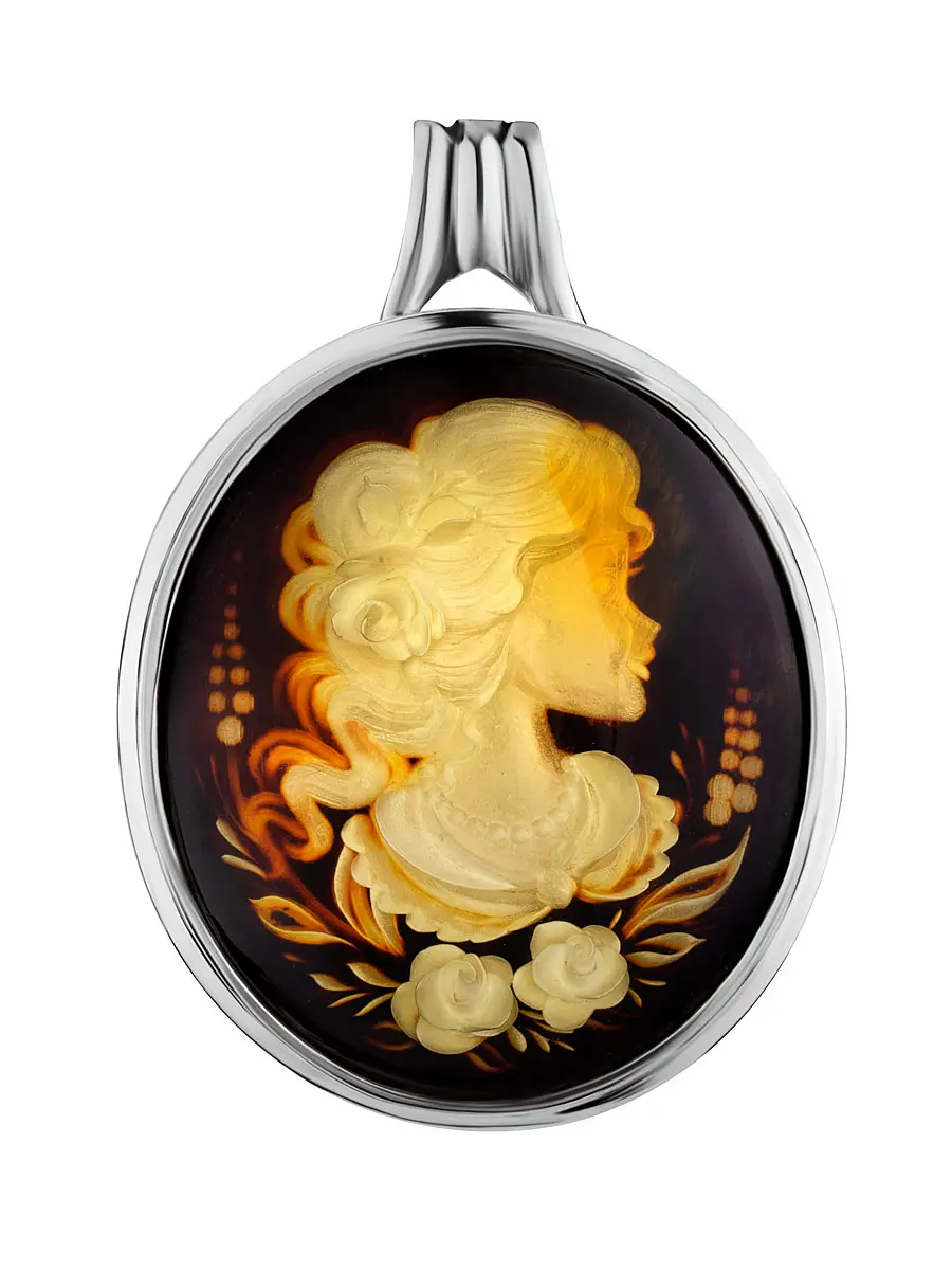 картинка Подвеска-брошь в винтажном стиле с резьбой-инталией на янтаре «Элинор» в онлайн магазине