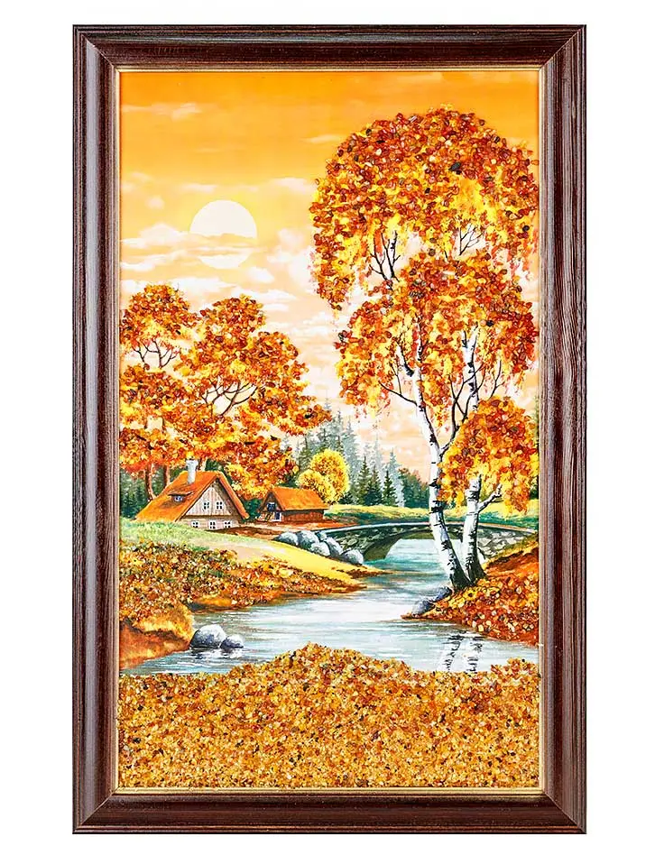 картинка Пейзаж с натуральным балтийским янтарём «Домики у реки» в онлайн магазине