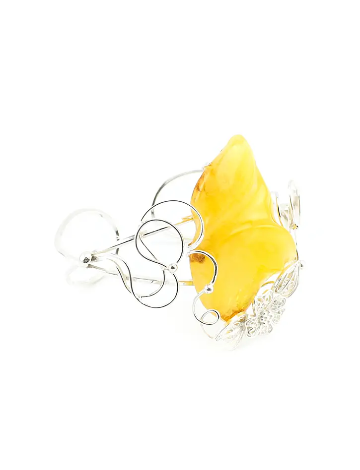 картинка Серебряный браслет с крупным натуральным янтарем медового цвета «Филигрань» в онлайн магазине
