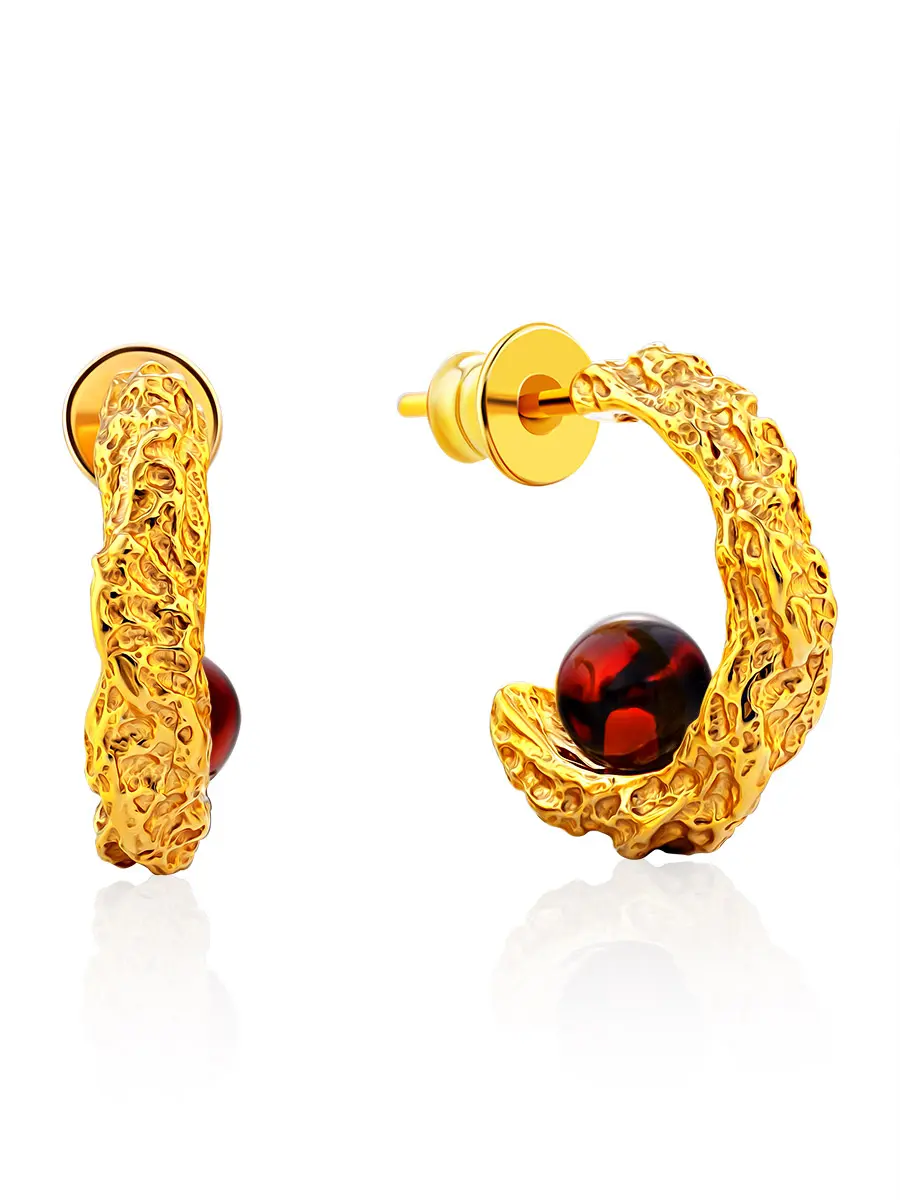 картинка Стильные текстурные серьги-кольца из серебра с янтарём Palazzo от  ifamore™ в онлайн магазине