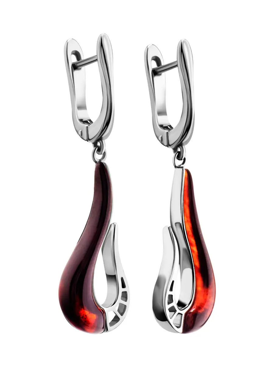 картинка Оригинальные серьги из серебра и натурального янтаря вишнёвого цвета «Санрайз» в онлайн магазине