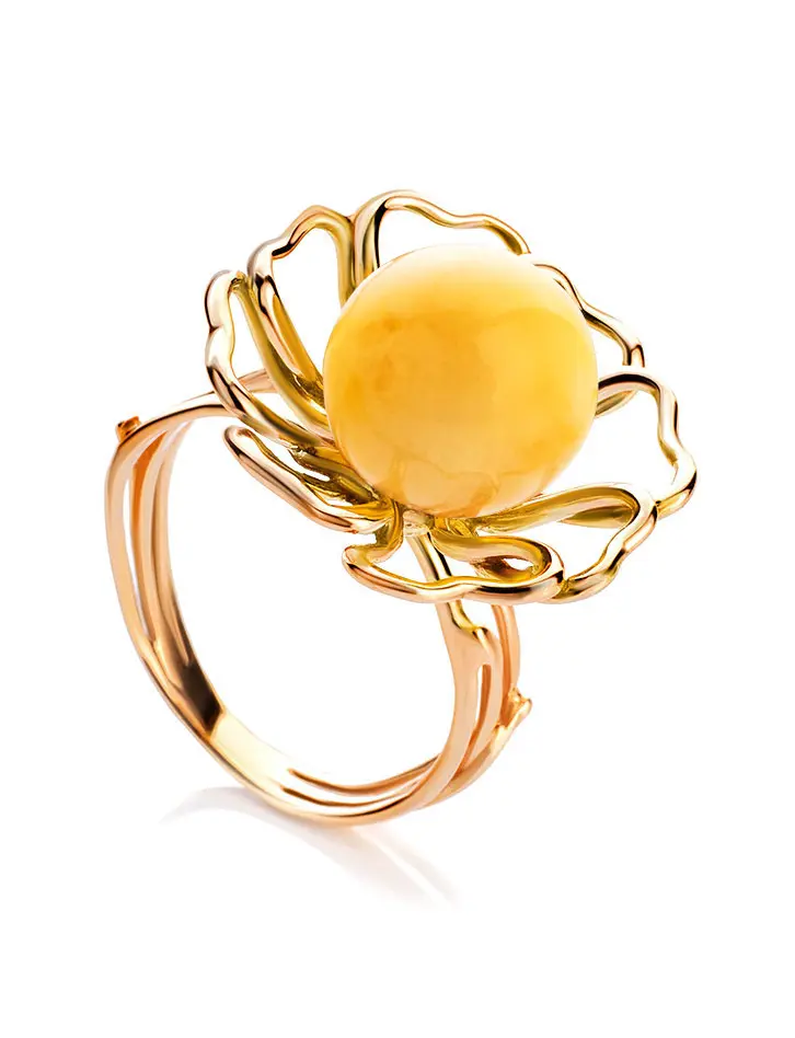 картинка Женственное позолоченное кольцо с медовым янтарём «Ромашка» в онлайн магазине