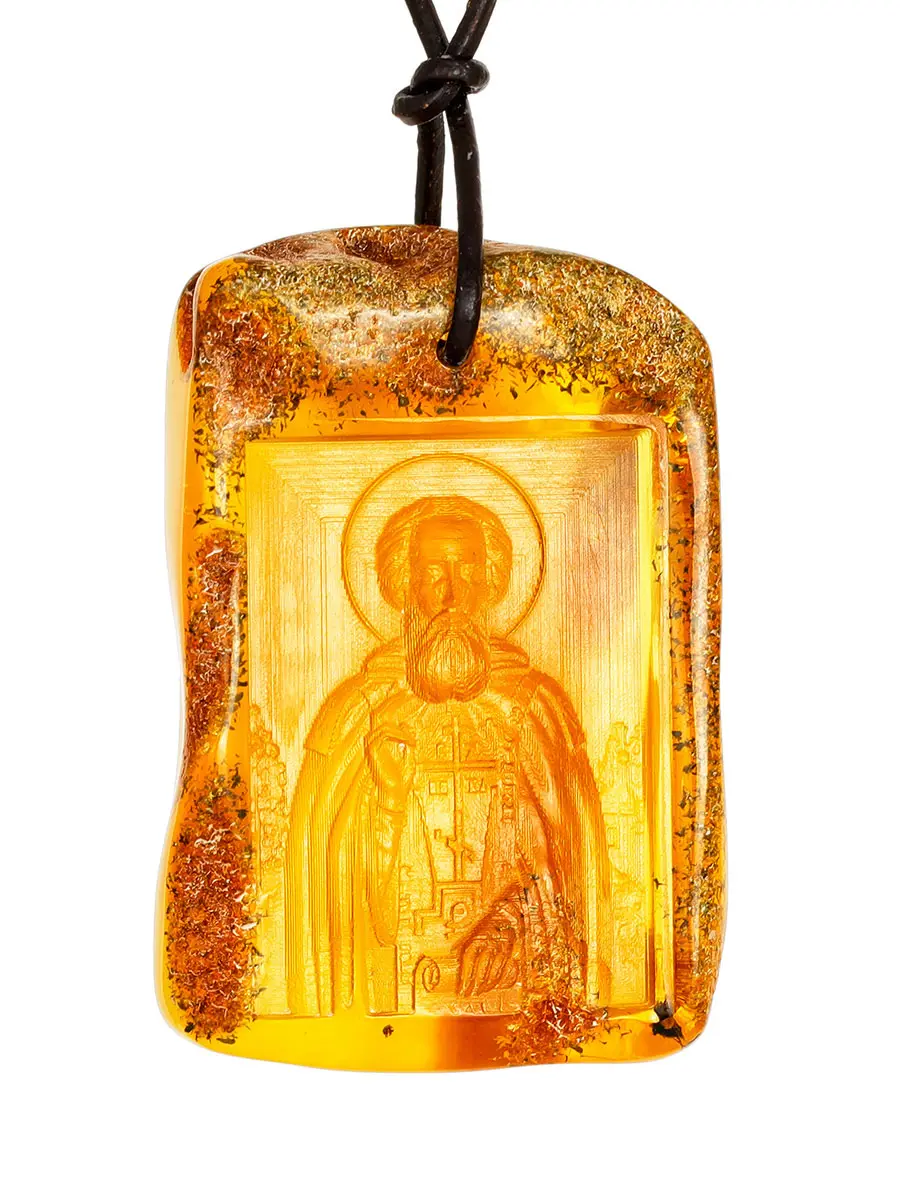 картинка Уникальная иконка с резьбой на натуральном янтаре «Преподобный Сергий Радонежский» в онлайн магазине