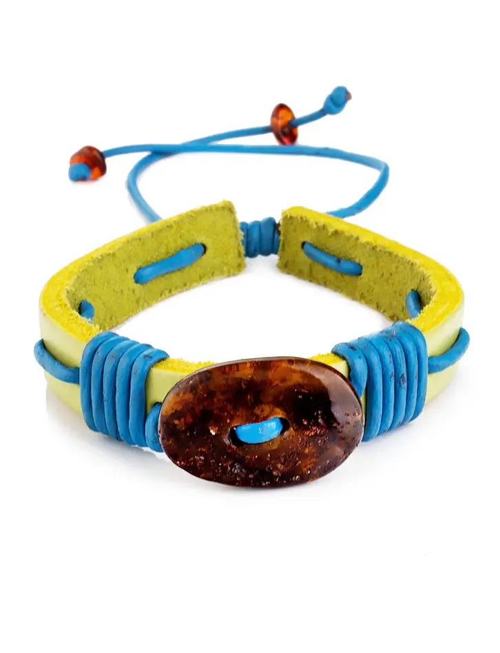 картинка Яркий браслет с цельным янтарём из натуральной кожи «Копакабана» в онлайн магазине