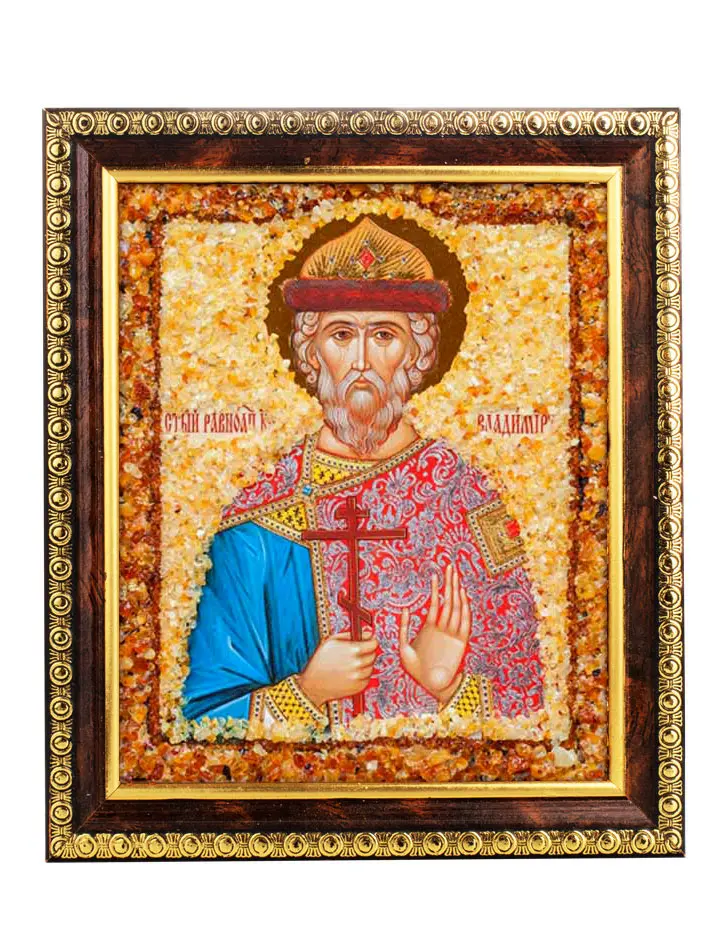 картинка Икона, украшенная натуральным янтарём «Святой равноапостольный князь Владимир» в онлайн магазине