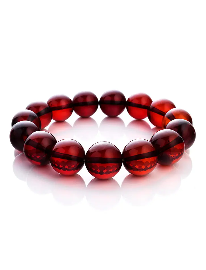 картинка Браслет из натурального формованного янтаря красивого красного цвета «Шар глянцевый» в онлайн магазине