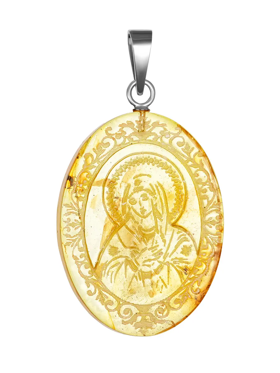 картинка Подвеска-иконка из натурального лимонного янтаря с резьбой «Богородица. Умиление (Радость всех радостей)» в онлайн магазине