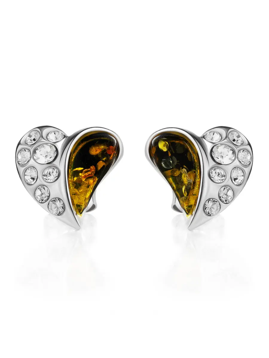 картинка Серьги в романтическом дизайне «Янтарное сердце» из серебра и зелёного янтаря в онлайн магазине