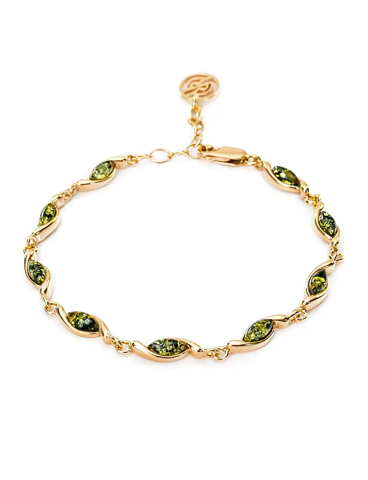 картинка Нежный браслет «Лиана» из золочённого серебра с янтарём зелёного цвета в онлайн магазине
