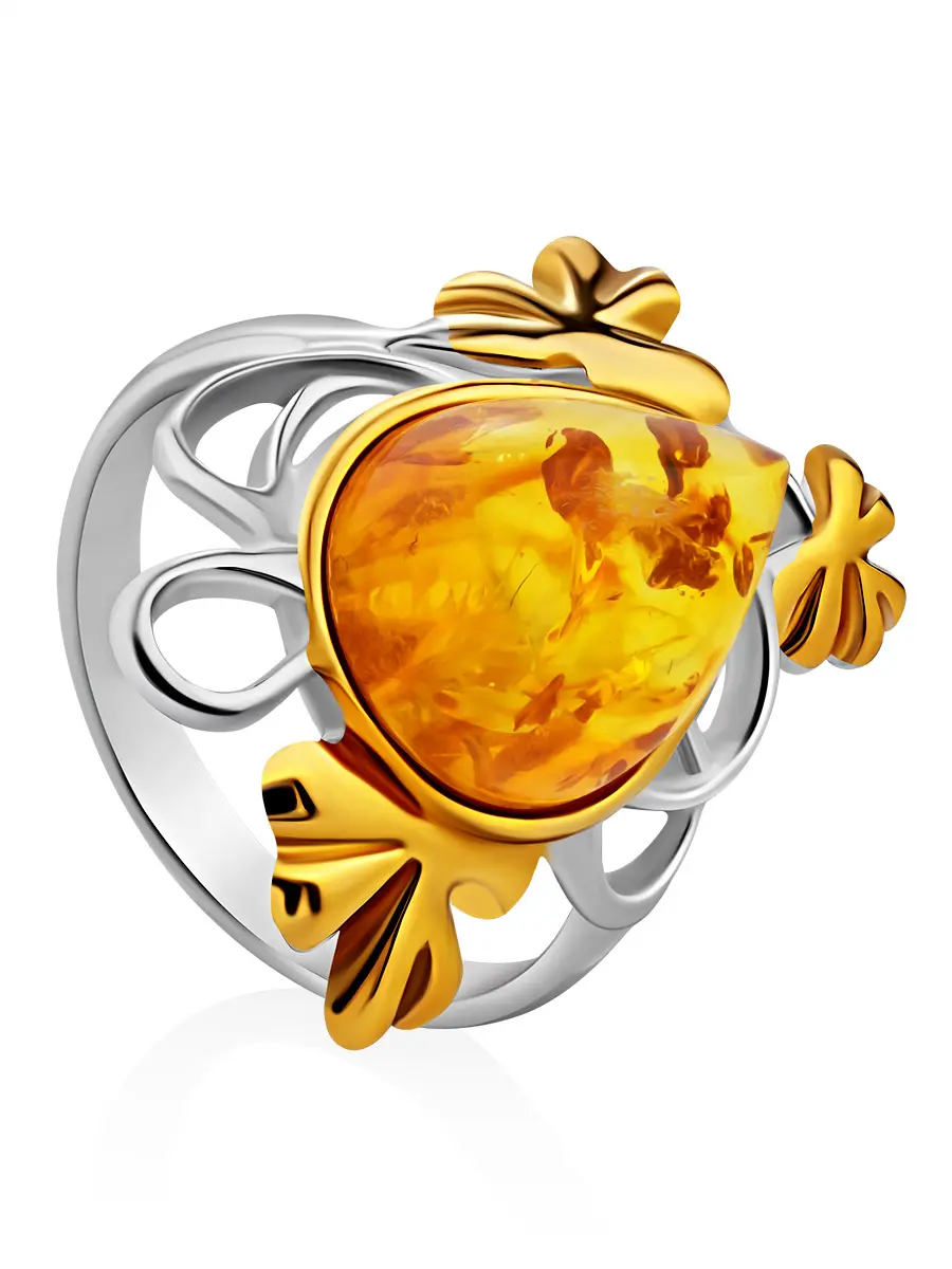 картинка Крупное ажурное кольцо из серебра с позолотой и янтаря «Примула» в онлайн магазине