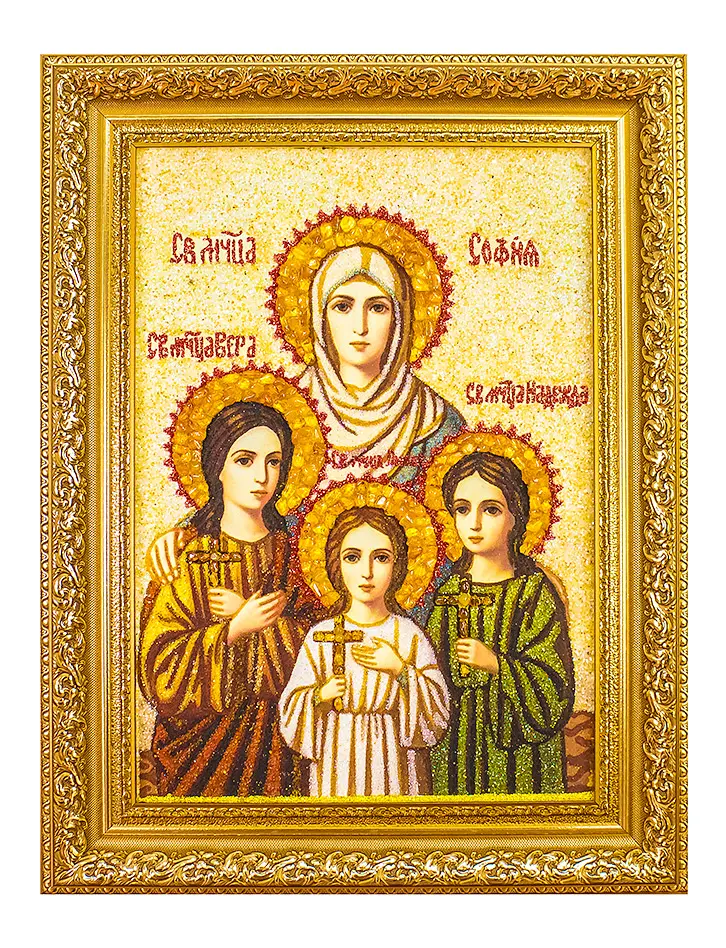 картинка Икона из натурального янтаря «Святые великомученицы Вера, Надежда, Любовь и мать их София» в онлайн магазине