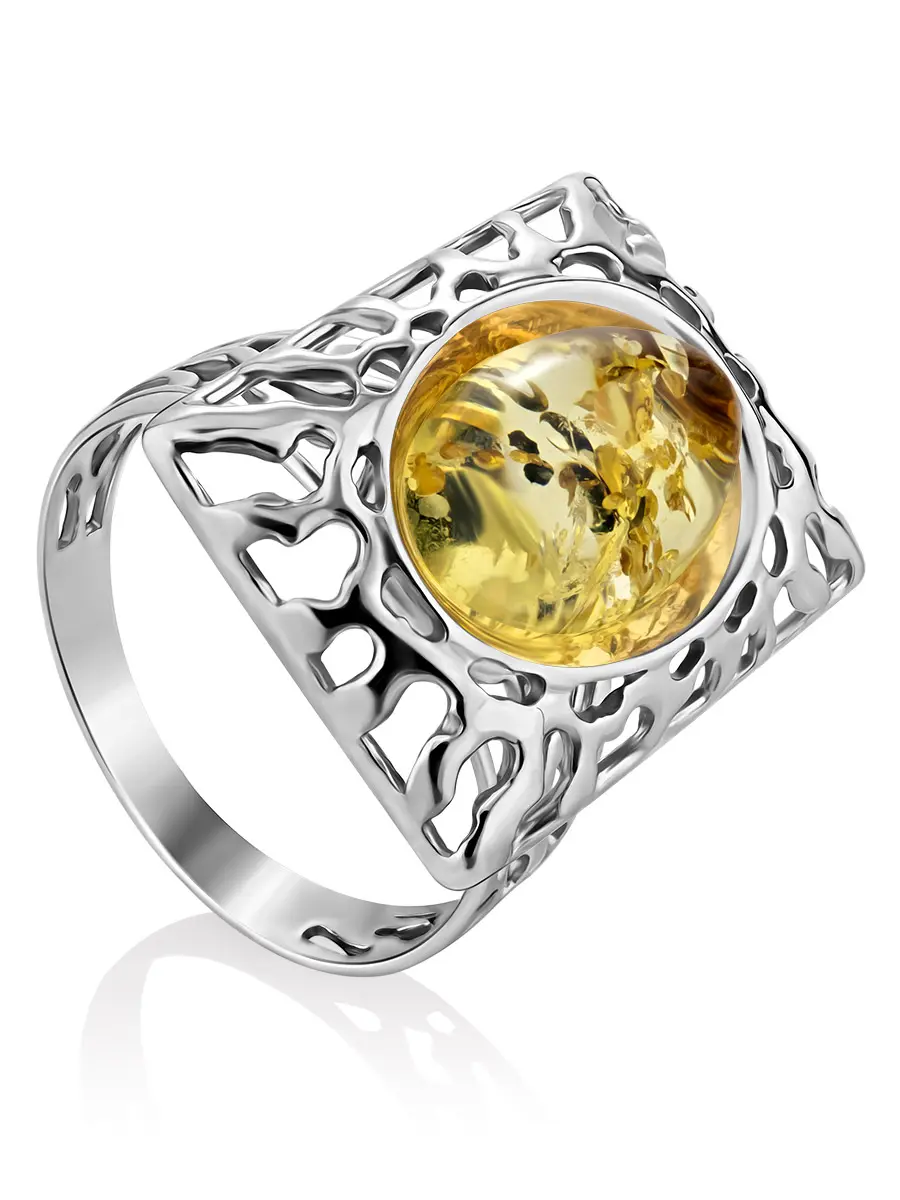 картинка Ажурное прямоугольное кольцо с овальной янтарной вставкой лимонного цвета «Венера» в онлайн магазине