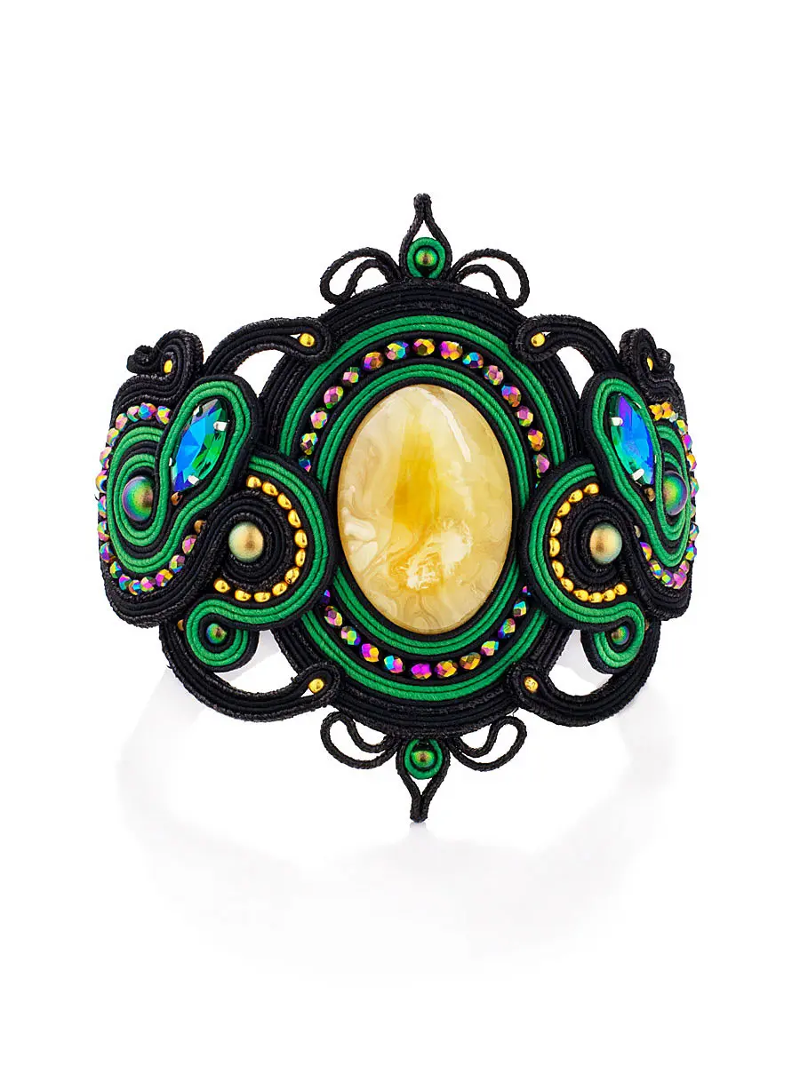 картинка Роскошный плетёный браслет «Индия» с натуральным цельным янтарём, украшенный кристаллами и бисером в онлайн магазине
