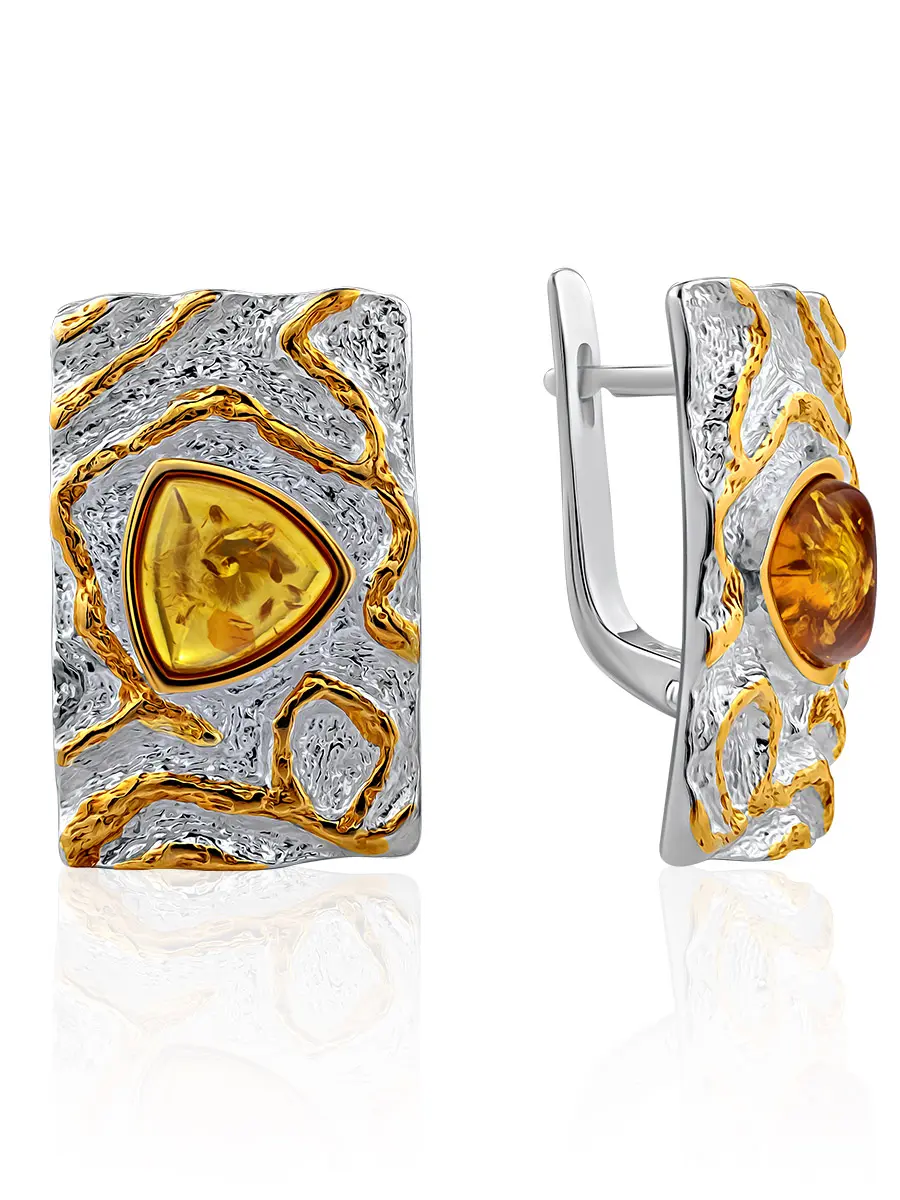 картинка Оригинальные серьги «Эритрея» из текстурного серебра и золотистого янтаря в онлайн магазине