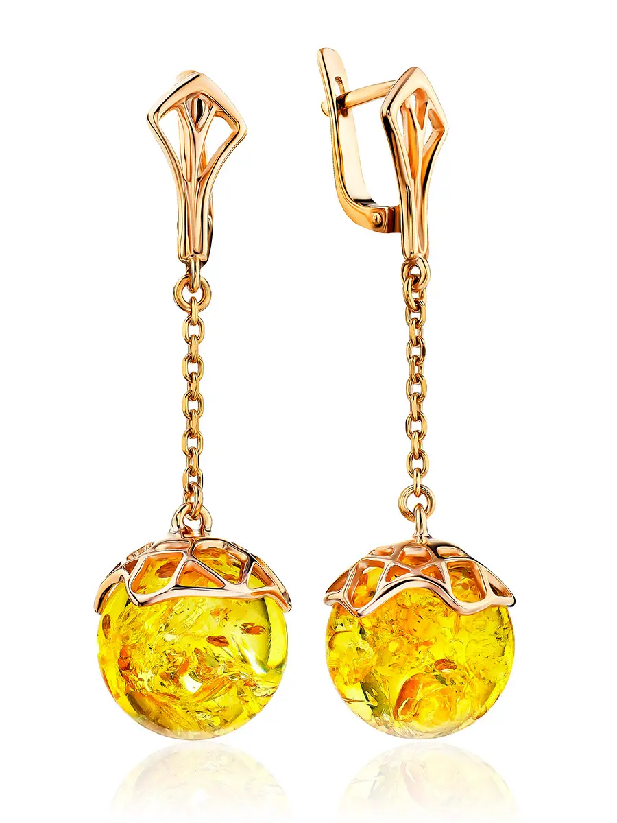 картинка Яркие позолоченные серьги с натуральным янтарём лимонного цвета «Сен Жермен» в онлайн магазине