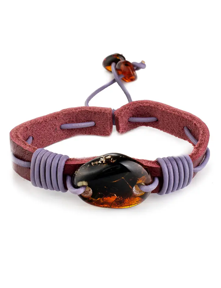 картинка Яркий браслет в из кожи и натурального янтаря «Копакабана» в онлайн магазине