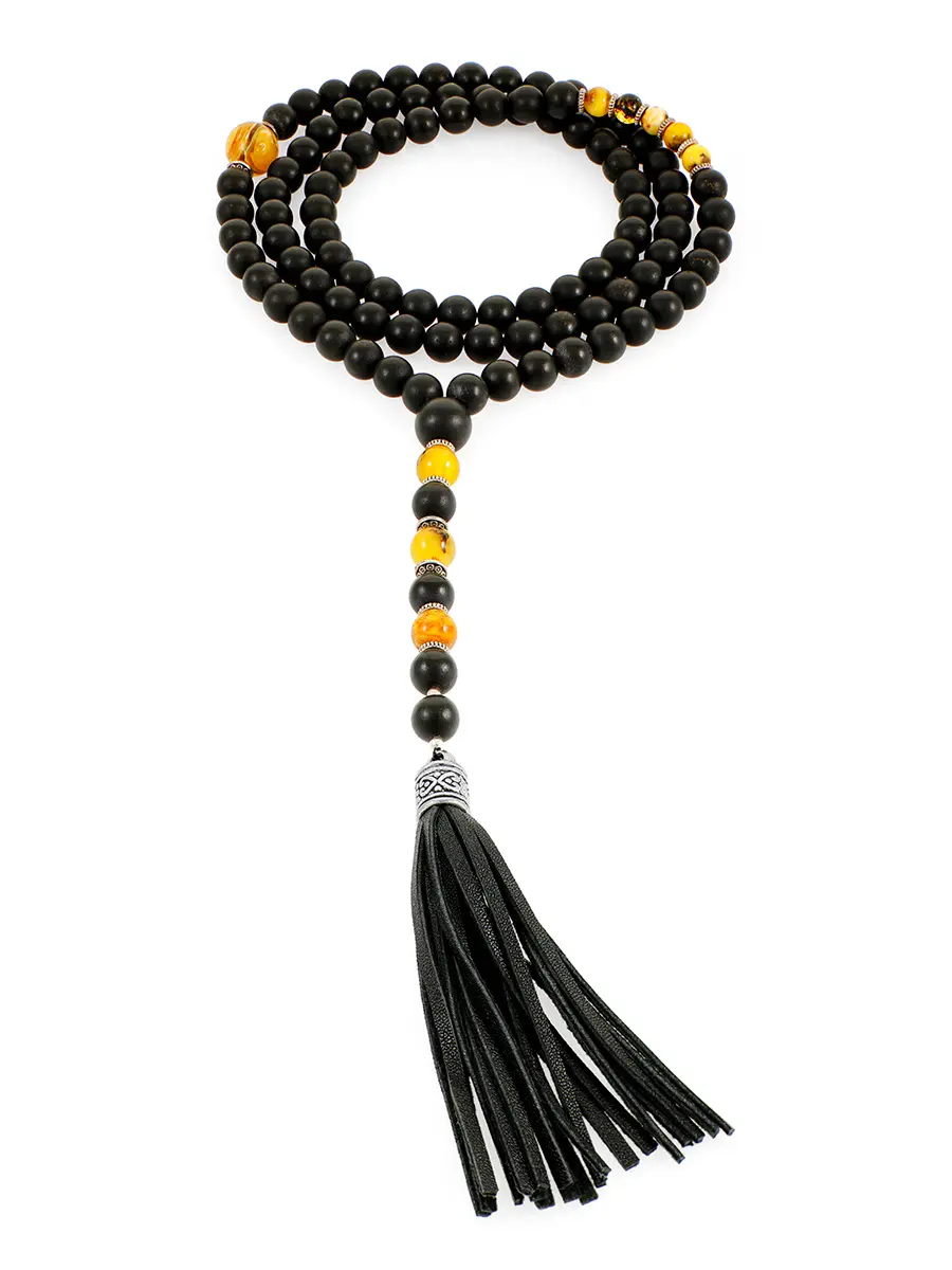 картинка Декоративные чётки-ожерелье из формованного чёрного янтаря, украшенные кистью «Куба» в онлайн магазине