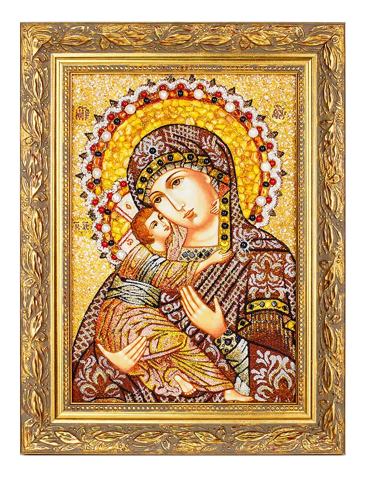 картинка «Владимирская Богоматерь». Икона из натурального балтийского янтаря и самоцветов в онлайн магазине