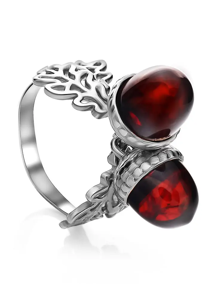 картинка Необычное кольцо с вишнёвым янтарём «Жёлудь» в онлайн магазине