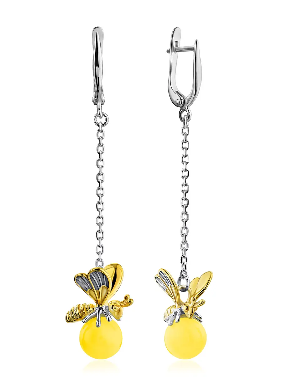 картинка Удлинённые серьги из позолоченного серебра и янтаря молочного цвета «Винни Пух» в онлайн магазине