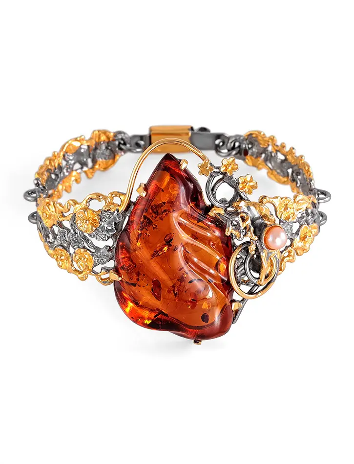 картинка Роскошный браслет «Версаль» из серебра с натуральным янтарём и жемчугом в онлайн магазине