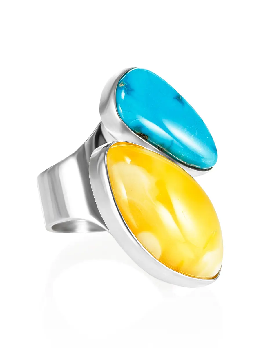картинка Оригинальное крупное кольцо Bella Terra из серебра с янтарём и бирюзой в онлайн магазине