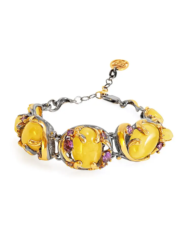 картинка Изысканный браслет «Помпадур» с натуральным медовым янтарём и фианитами в онлайн магазине